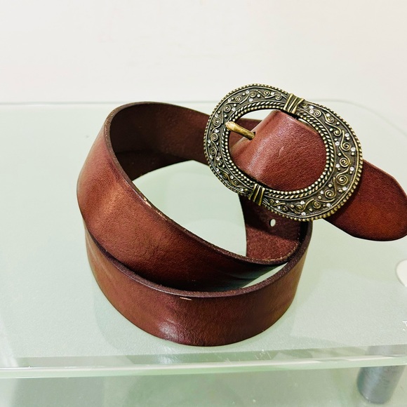 Fossil Brown Leather Belt For‎ Bohemian Rhinestone Studded Medallion Buckle Sz M - Picture 1 of 7